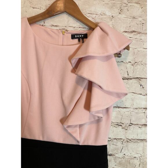 DKNY Midi Dress Womens 4 Pink & Black Colorblock Ruffle Shoulder Sheath Career - Picture 6 of 15